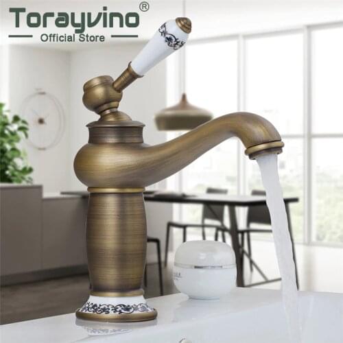 Torayvino Retro Style 360 Rotating Bathroom Faucet Deck Mounted Basin Sink Antique Brass Single Handle Faucet Mixer Water Tap