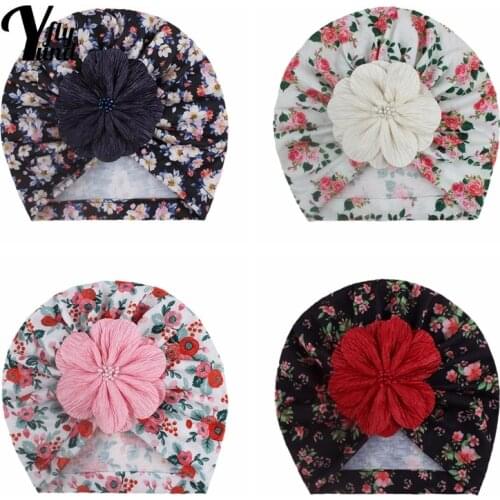 Yundfly 19*18 CM Vintage Floral Pattern Baby Turban Hat Fashion Artificial Flowers Newborn Caps Print Headwear Hair Accessories