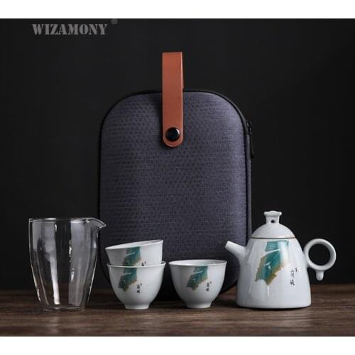 WIZAMONY Banana Leaf Travel Tea a Pot of Three Portable Teapot gong dao bei Ceramic Kung Fu Tea xiao tao zhuang