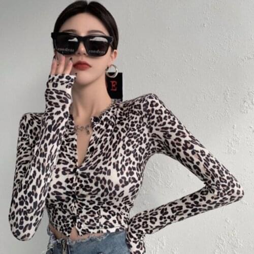 Womens T Shirt Pullover V Neck Vintage Sexy Leopard Print Long Sleeves Slim Tops Wholesale Autumn 2021 New Female Clothing