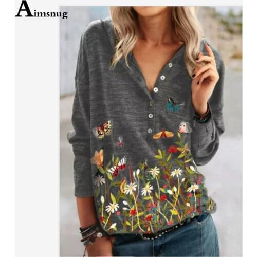 Women Spring Autumn Boho Flower Print Tops Single-Breasted Long Sleeve T-Shirt Ladies Casual Loose Tee Shirt Femme Clothing 2021