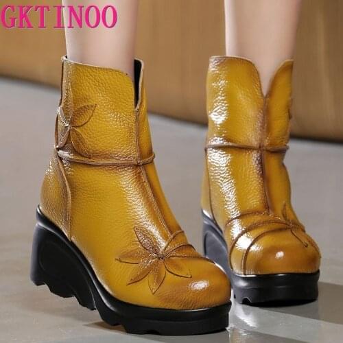GKTINOO New Fashion Genuine Leather Womens Boots Winter Shoes Casual Women Wedges Shoes Handmade Woman Ankle Boots