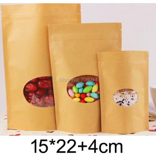 15*22+4cm,100PCS StandUp Kraft paper Bag with ziplock,Oval window Brown Kraft bag for Candy/Coffee/Tea/gift