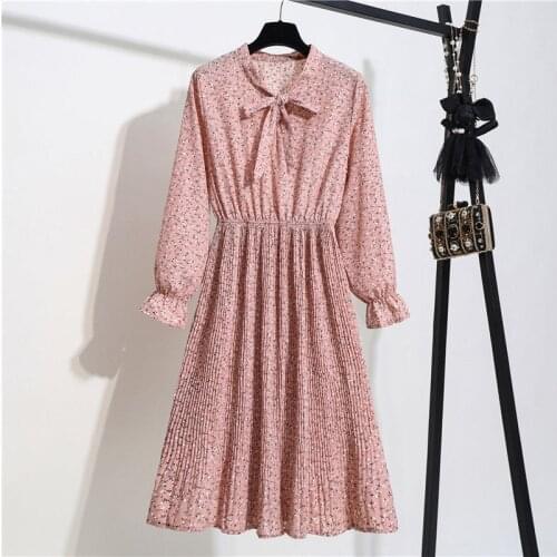 2021 New Fashion Womens Print Dress Female Casual Style Bow Neck Full Sleeved Dresses