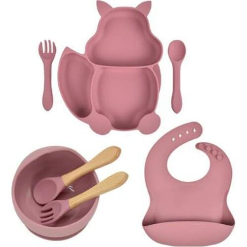 7pcs/set Kids Plates Bowl Set Silicone Kitchenware Suction Childrens Tableware Compartment Kids Dishes With Spoon And Fork