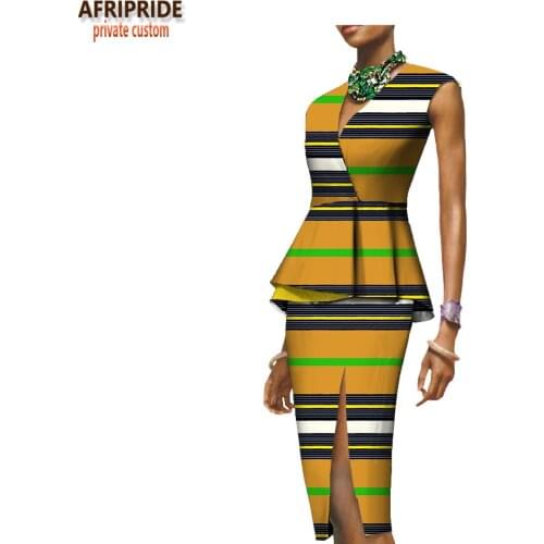 African 2 Piece Outfits for Women Dashiki Printed Crop Top and Ankara Skirt Set Sleeveless V Neck Wax Attire AFRIPRIDE A722601