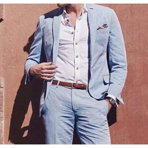 ANNIEBRITNEY Linen Blue Summer Men Suit Wedding Suits for Men Classic Beach Tuxedo Casual Jacket Pants Custom Big Size Suits Set