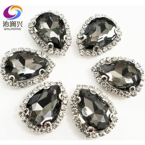Free shipping Top grade Silver bottom Glass Crystal buckle,Gray Drop shape sew on rhinestones,Diy/wedding decoration SWSKY03