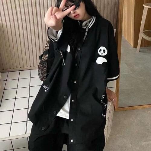 HOUZHOU Black Baseball Shirt Wome Half Short Sleeve Harajuku Kawaii Oversize Korean Style Button Up Blouse Summer 2021 Fashion