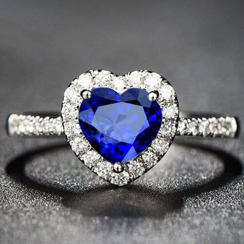 Sapphire gemstones blue crystal rings for women love heart white gold silver color zircon diamonds jewelry bijoux bague gift