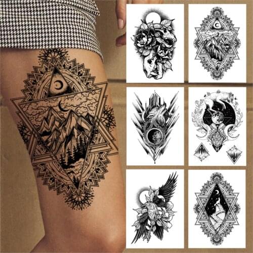 Mountain Geometric Temporary Tattoos For Women Men Kids Boys Black Dinosaur Wolf Tattoo Sticker Fake Moon Henna Big Tatoos Thigh