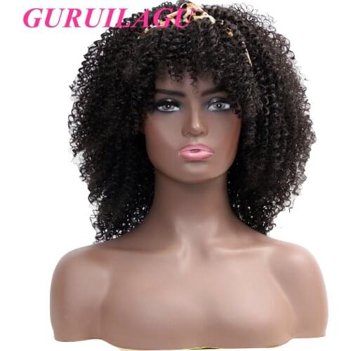 GURUILAGU Afro Kinky Curly Wigs For Black Women Headband Wig With Bangs Natural Black Short Cosplay Wig Headband Womens Wigs