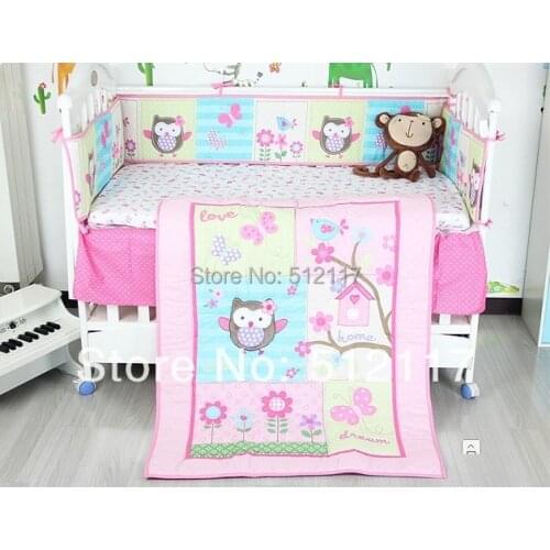 Hot sell Pink Birdie Owlet Girl Baby Crib Cot Bedding Set 4 items including Quilt Bumber Fitted Sheet Dust Ruffle for Girl7pcs