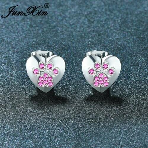 Cute Animal Bear Cat Dog Paw Earrings For Women Men Silver Color Green Pink Purple Zircon Heart Stud Earring Wedding Jewelry