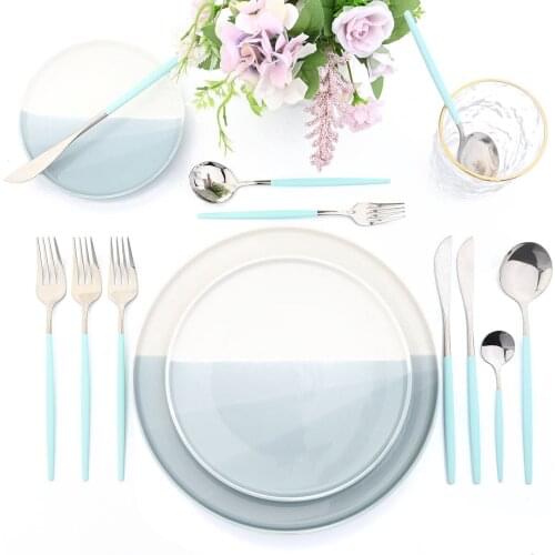 JANKNG Mint Silver Dinnerware Set Stainless Steel Knife Fork Spoon Cutlery Set Dinner Flatware Silverware Tableware Set for 6