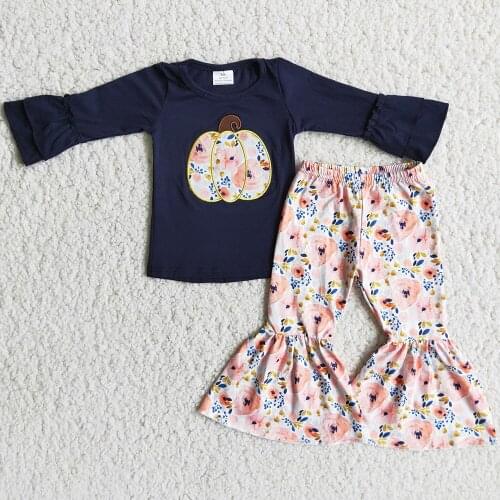 New Fashion Baby Girls Designer Clothes Fall Pumpkin Embroidery Baby Girls Boutique Clothes Halloween Wholesale Children Set Hot
