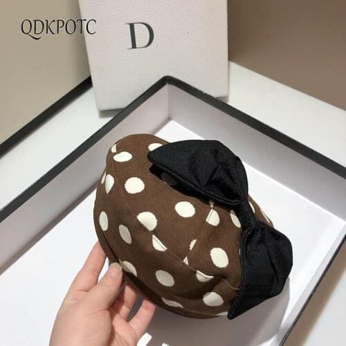 2021 Hat Autumn Winter New Women Wave Point Bowknot Berets Fashion Retro Cotton Korean Version Cute Casual Cap QDKPOTC