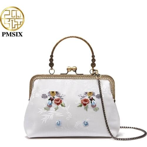 PMSIX Silk Embroidery Women White Crossbody Bags Fashion Light Luxury Handbags Metal Rod Buckle Chain Design Female Shoulder Bag