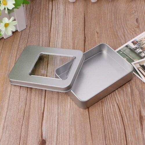 Rectangular Tin Silver Storage Box Case Organizer with Half Clear Window Lid