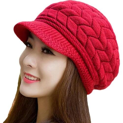 Caps Fashion Women Solid Color Thicken Woolen Yarn Knitted Hat Outdoor Peaked Cap