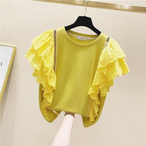 SuperAen Lace Patchwork Ruffle Cotton Short Sleeve O Neck Yellow T-shirt Womens Summer 2021 Loose Casual Tops