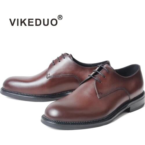 VIKEDUO Leather Shoes For Men Handmade Bespoke Round Leather Mans Footwear Wedding Office Party Dress Derby Shoes Zapato Hombre