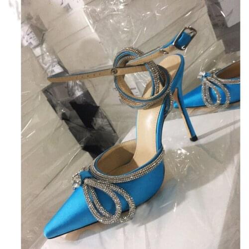 New Crystal Bowknot Thin Heels Sandals Women Blue Satin Mules Ankle Strap Ladies Shoes Sweet Summer Party Dress Shoes Femme