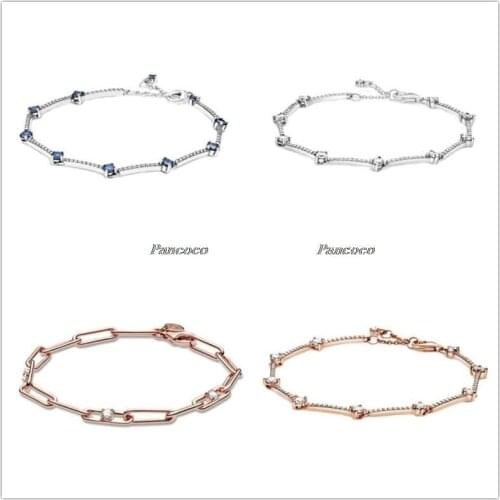 925 Sterling Silver Bracelet Blue Sparkling Pave Bars Bracelet Bangle Fit Women Bead Charm Diy Pandora Jewelry