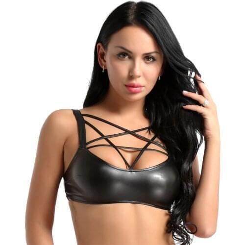 Women Black Latex Wetlook Bra Top Sexy Lingerie Faux Leather Bralette Tops Pentagon Strap Crop Top Rave Club Pole Dance Clothes