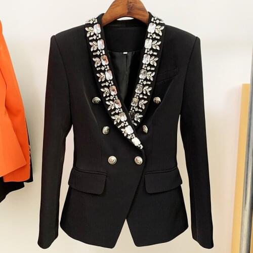 New Arrival Spring autumn 2021 Fashion womens elegant beading black coat High quality double-breasted blazers jackets C680