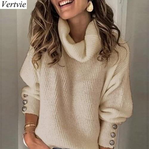 Women Long Sleeve Knit Tops Fashion Solid Color Turtleneck Sweater Pullover Button Women Sweater Plus Size S-5XL 2021fall Winter