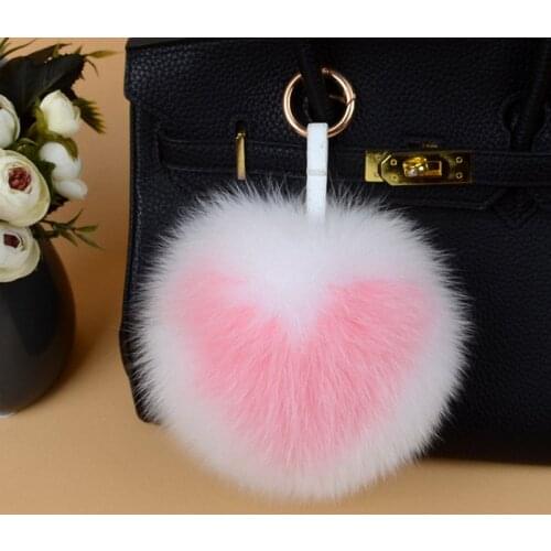 15CM Big Fluffy Heart Pom Pom Keychains Handmade Real Fox Fur Ball Key Chains Bag Chains Charm Monster Heart Pompoms TKK031-WP