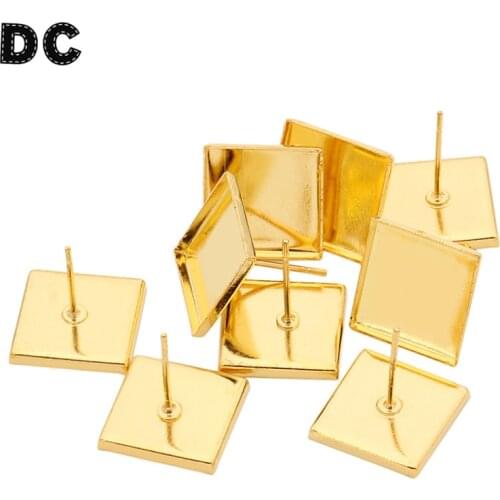 50pcs/lot Gold Color Copper Stud Earrings Setting Square Cabochon Base Blank Tray For 12mm Cabochon Cameo DIY Earring Making