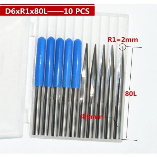 6mm*10degree*R1.0*80L,CNC carbide End Mill,woodworking insert router bit,Taper ball nose end milling cutter,deep relief,pvc,MDF