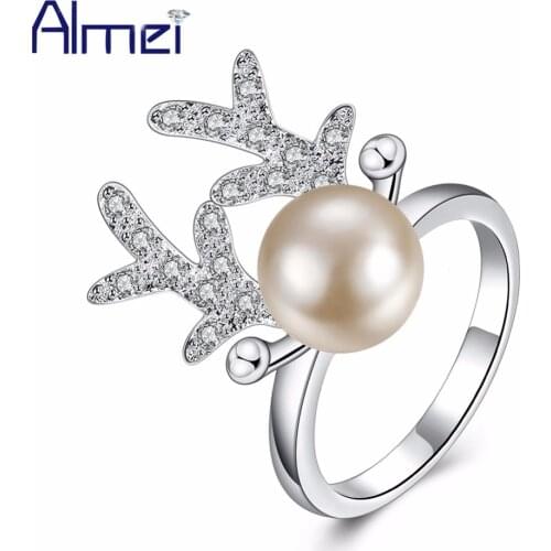 Almei Rings For Women Silver Color Simulated Pearl Deer Ring Zirconia Cute Anime Ringen Bague Jewelry Anel Anillos 10% Off CR790