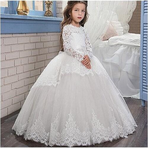 White Lace Pageant Dresses for Girls Long Sleeves Lace Up Ball Gown with Bow Sashes Birthday Party Gown Flower Girl Dresses