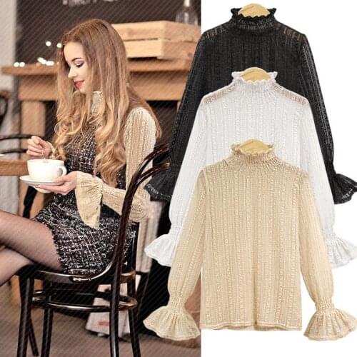 Blouse Women Shirt Lace Womens Long Sleeve Autumn and Winter Mesh Bell Sleeve Blusas Mujer De Moda