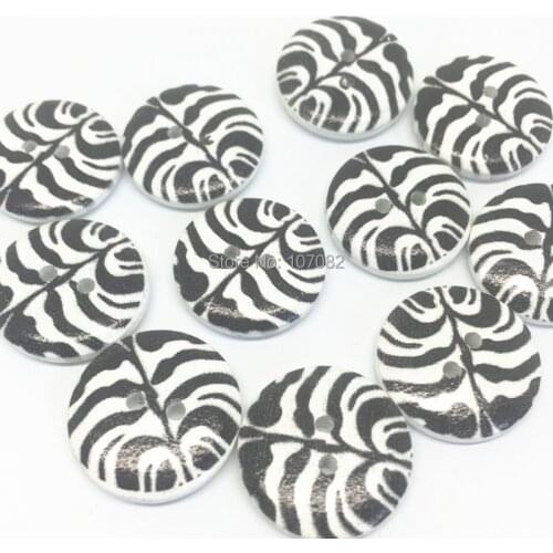 100pcs Zebra Printed Wood Buttons 18mm 2 Holes Black Round Crafts Embellishments For Scrapbooking