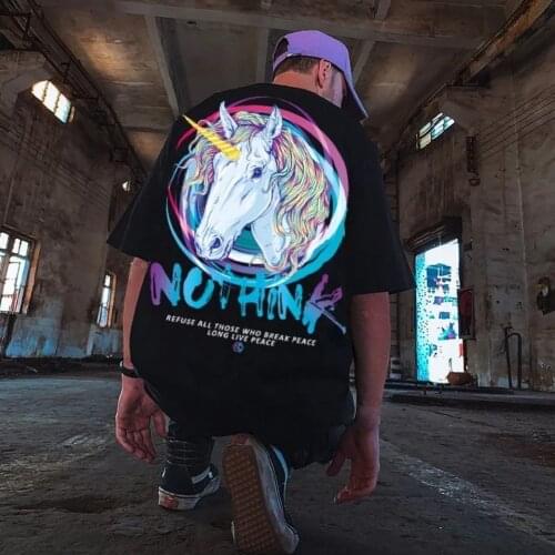 Black Licorne Hip Hop Tshirt Streetwear Harajuku Loose T-shirt Men Casual Japan Summer Tshirt Funny High Street Cool Tops Male