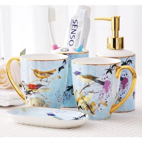 Simple Luxury Bone China Flower and Bird Bathroom Five-piece Household Ceramic Bathroom Accessories Toothbrush Holder Soap Dish