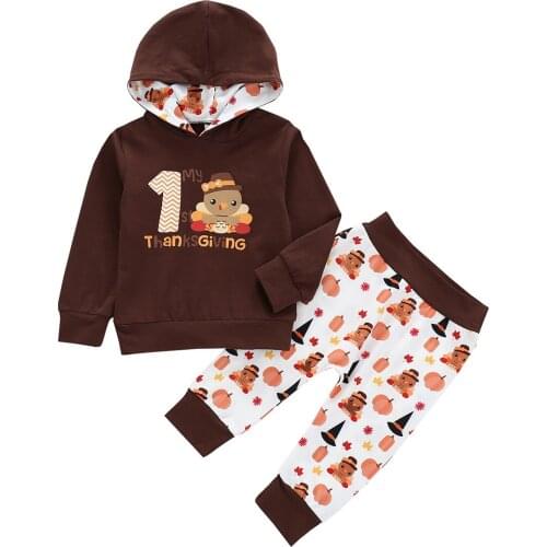Thanksgiving Day Baby Boys Clothing Set Long Sleeve Cartoon Turkey Print Hooded Sweatshirt Top+ Long Pants for 0-24M