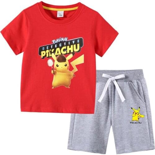 Pokemon Go Animal Round Neck Summer Short Sleeve Children Cotton Pikachu Short Sleeve + Shorts Two-Piece Casual Baby Sportswear