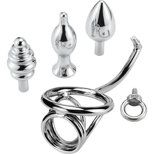 Metal Detchable Anal Plug +Penis Rings Male Chastity Cage Sex Toys For Men Cock Ring Dick Stretcher Lock Sperm Anal Butt Plug
