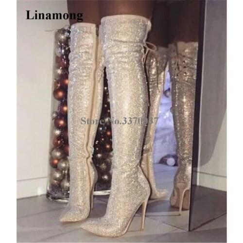 Charming Bling Bling Women Pointed Toe Rhinestone Over Knee Thin Heel Boots Red Black Crystal Slim Long High Heel Boots Dress