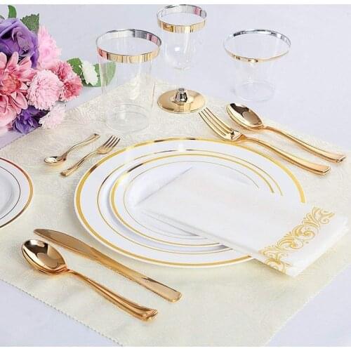 20pcs/lot Birthday prom party golden hot stamping Disposable Plastic Plate Bronzing Hollow Plate Tableware Supplies