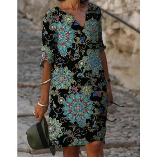 Women Shift Dress Knee Length Dress - Half Sleeve Floral Color Block Summer Fall V Neck Casual Hot vacation dresses Loose 2021