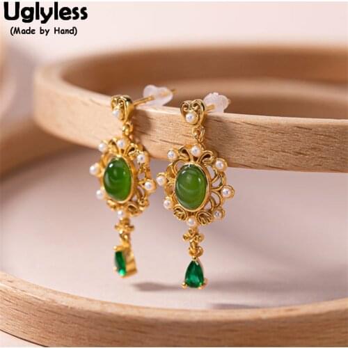 Uglyless Luxury Palace Designer Natural Green Jade Pearls Earrings for Women Real 925 Silver Anti-fade Gold Earrings Water Drop