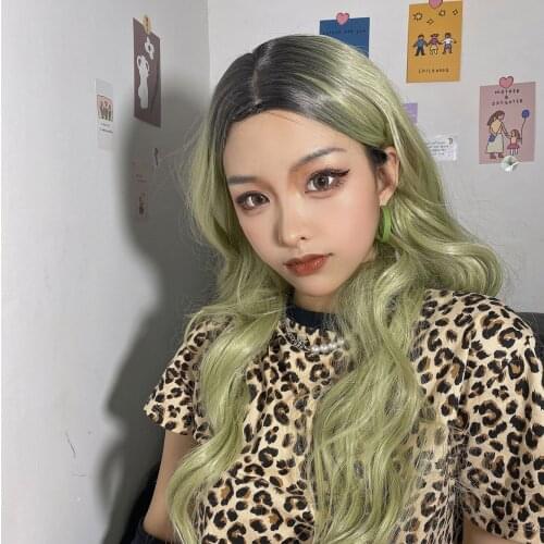 SuQ Long Wavy Wig Hair Synthetic Natural For Women Cosplay Long Ombre Black Green Heat Resistant Daily Wigs