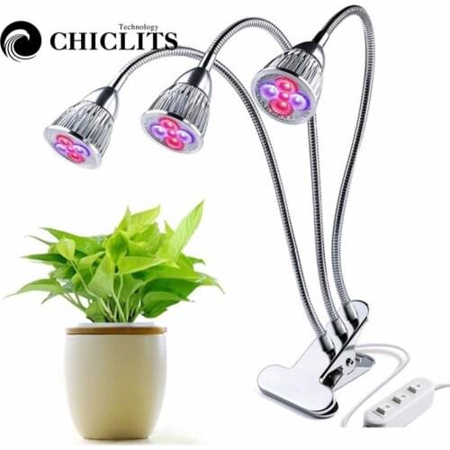 CHICLITS Led Grow Light With Clips 15W EU US 3 Head 360 Degree Flexible Adjust Full-Spectrum UV Nurture Lamp for Indoor Plants
