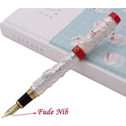 Jinhao Vintage Fountain Pen Double Dragon Calligraphy Fude Nib Silver-Red-Ring Metal Carving Embossing Heavy Gift Pen Collection